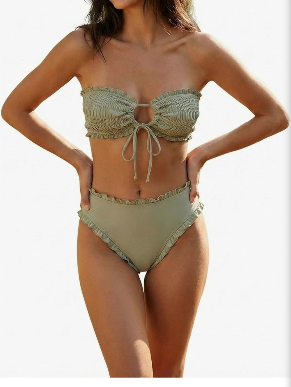 Olive Green Ruffle Bandeau Bikini Set - Women Swim
